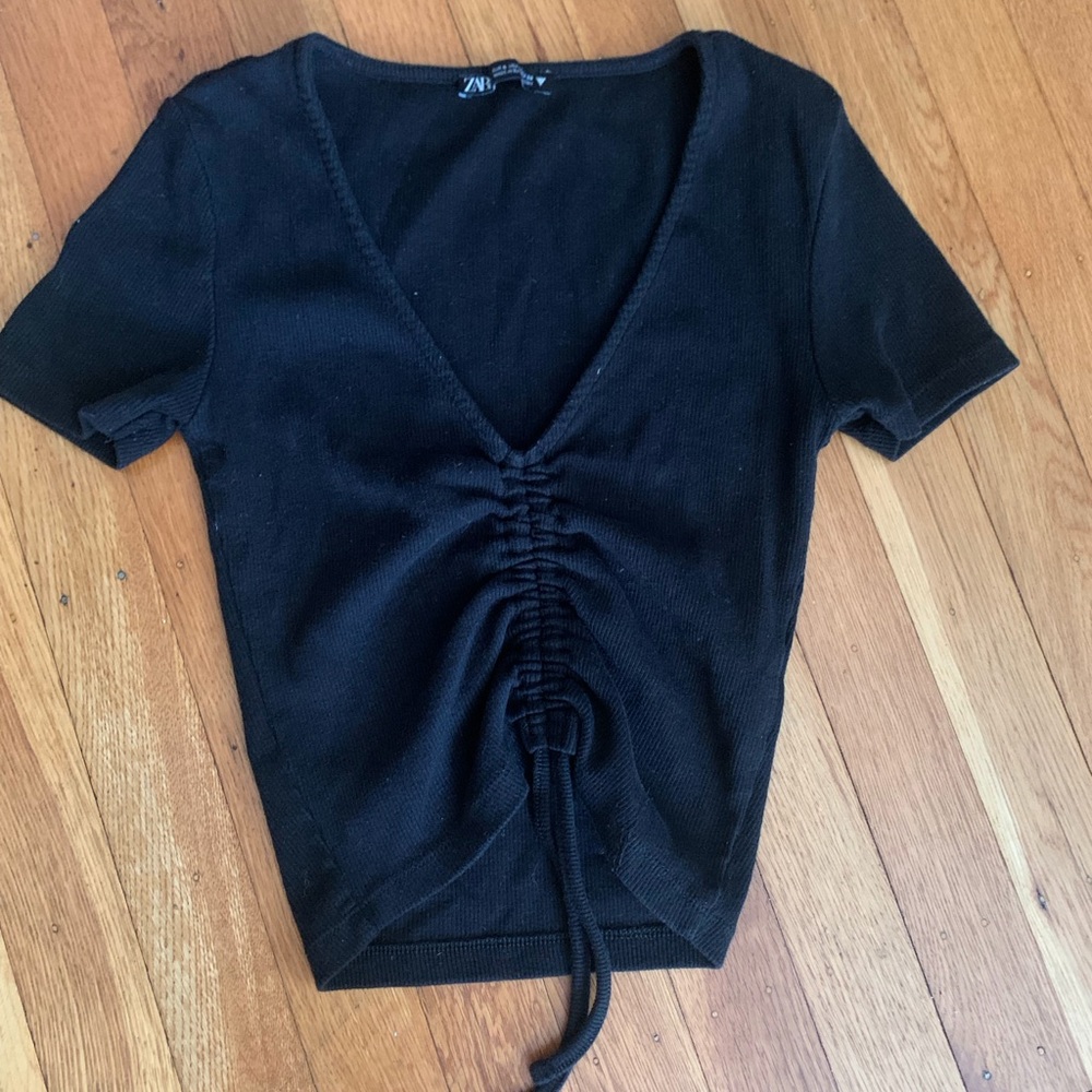 Zara Black Ruched V-Neck Crop Top with Drawstring